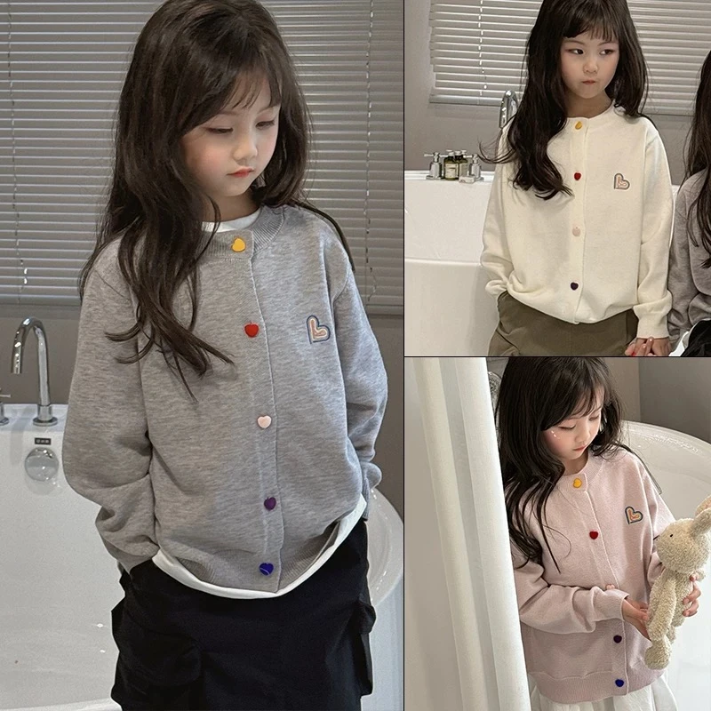 靓【亲子装】女童针织开衫2024春秋装儿童韩版薄款爱心刺绣开衫外套