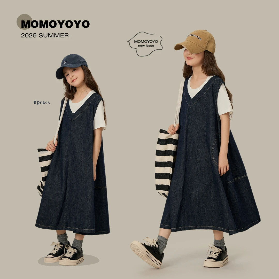 辰辰妈【日杂博主】夏带口袋宽松大裙摆显瘦亲子牛仔背心裙7959D