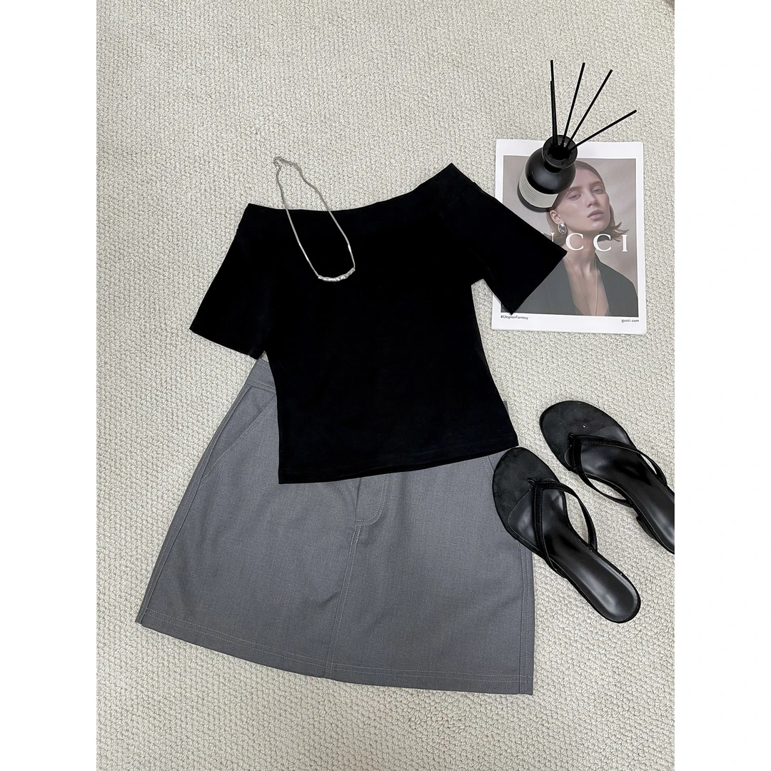 NEW MMSJ 一字肩黑色短袖T恤