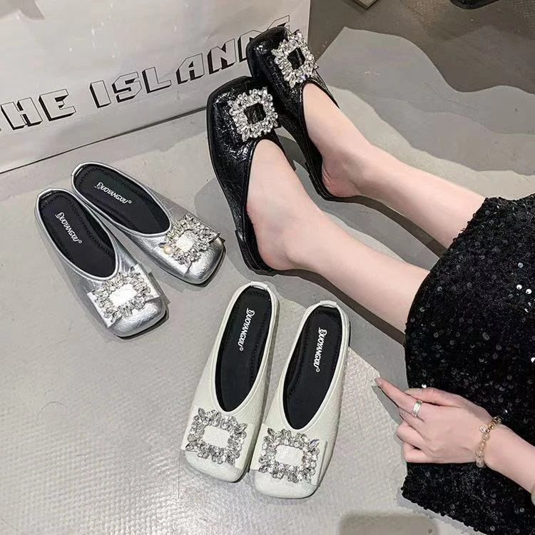 平底法式包头拖鞋女2025新款春夏季水钻方头穆勒鞋半拖