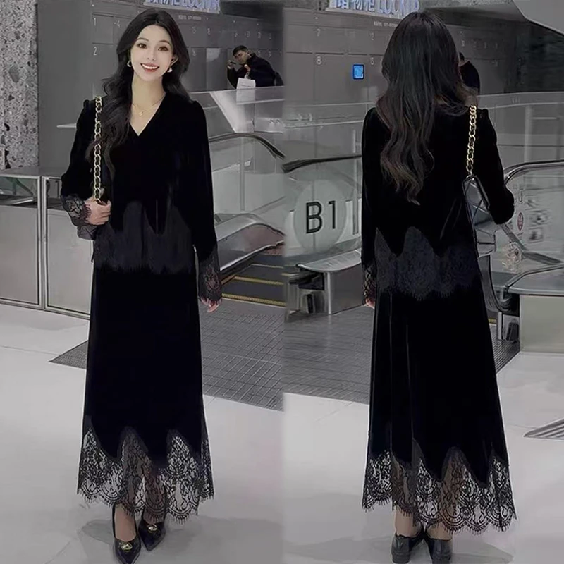 春季2025新款黑色丝绒v领蕾丝拼接气质半身裙两件套显瘦