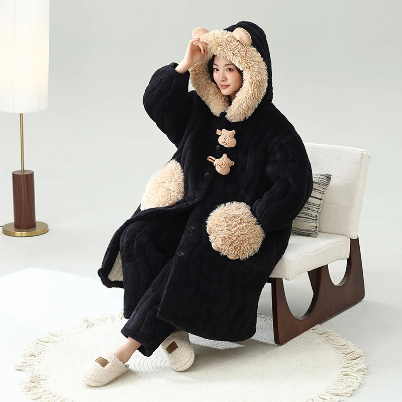 冬款三层夹棉睡衣女加绒加厚韩版睡袍长款卡通可爱保暖可外穿浴袍