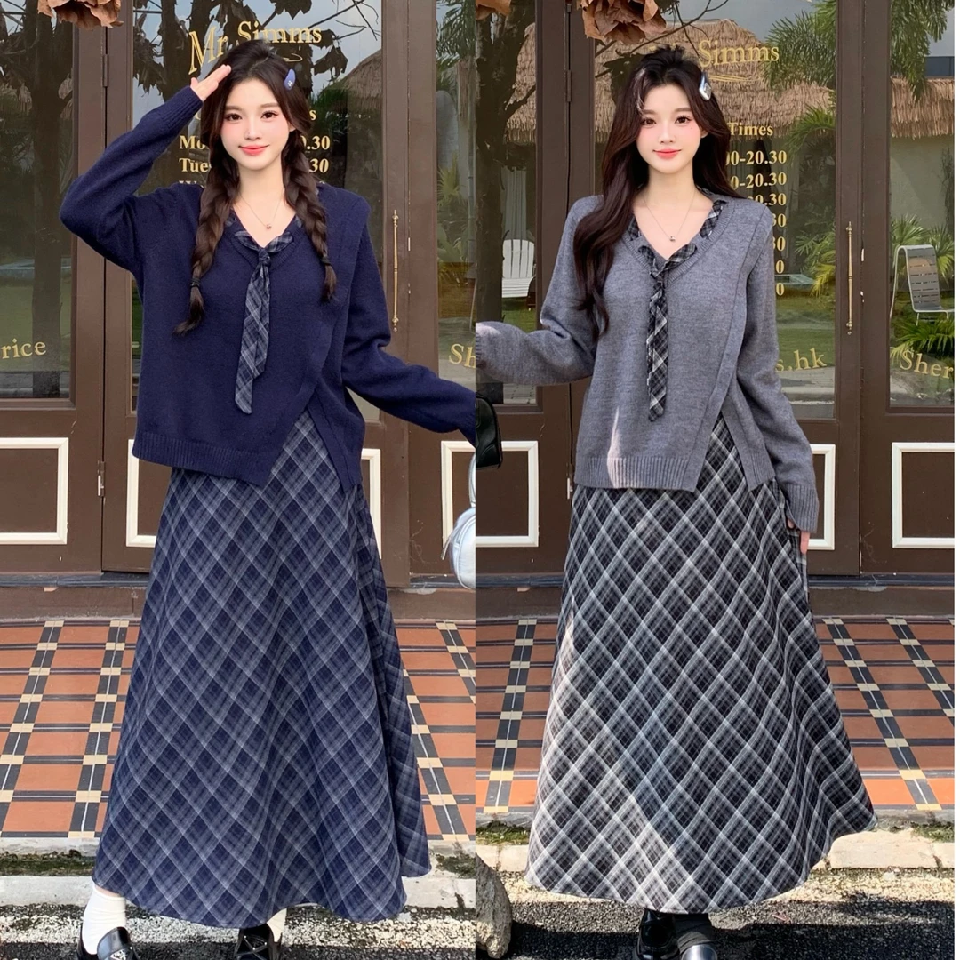 2025秋装大码女甜美通勤气质针织毛衣上衣格子半身裙72069+23166