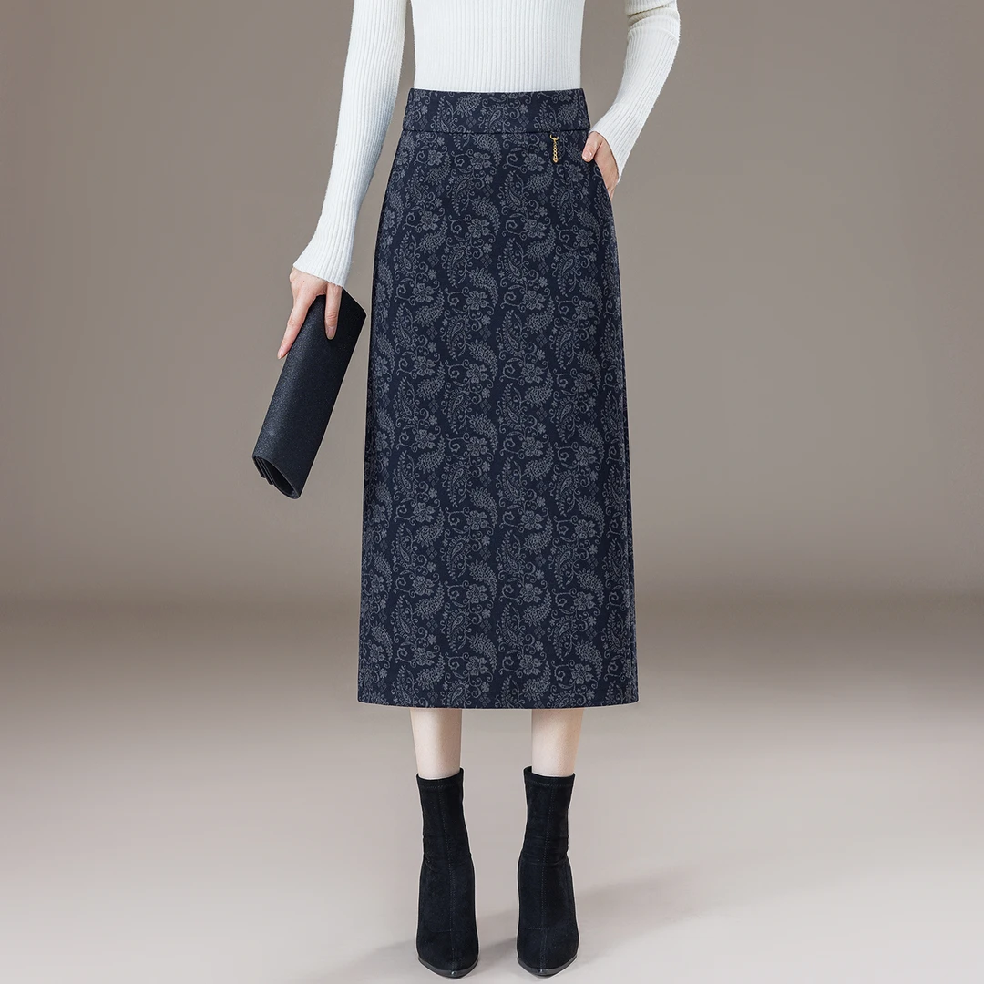 高级感印花毛呢半身裙女2025新款秋冬高腰显瘦Aa字中长开叉包臀裙