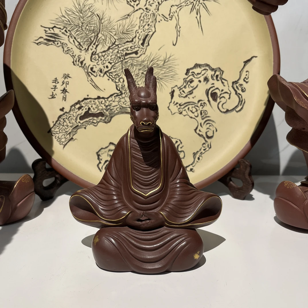 宜兴原矿纯手工制朱泥龙仙紫砂茶宠雕刻家用茶室茶玩摆件陶瓷创意
