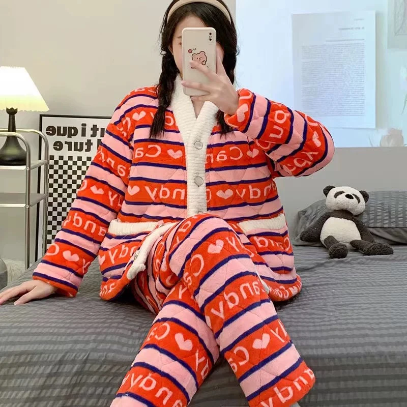 缪系三层夹棉加厚加绒冬款女士睡衣家居服套装珊瑚绒法兰绒