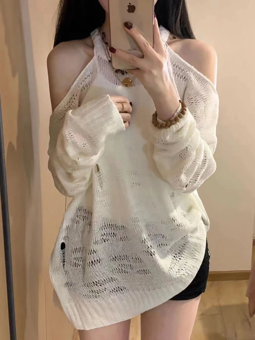 美式辣妹白色长袖挂脖镂空针织罩衫女2025夏季宽松百搭防晒上衣
