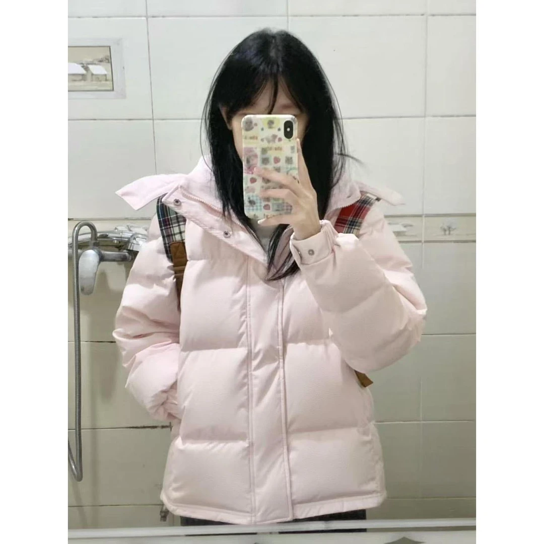 品牌精选温柔风粉色连帽保暖服外套女冬季新款百搭显瘦宽松时尚
