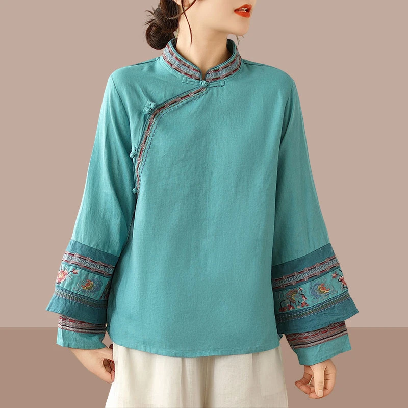 春秋新款刺绣长袖立领斜襟盘扣亚麻上衣女中国风复古禅意茶服衬衫