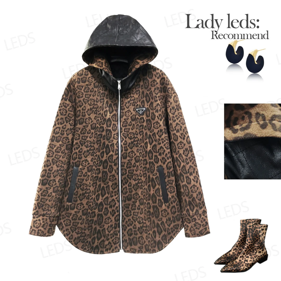LEDS 82548冬季新款时尚个性连帽豹纹外套