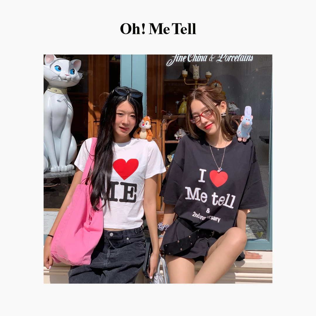 Oh！Me Tell【2周年限定 I LOVE ME】蜜桃女孩短款修身圆领短袖T恤女