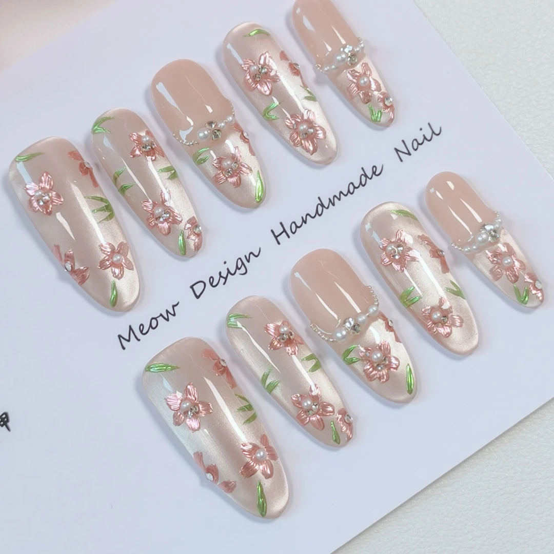 [陌上花开]春日美甲浮雕繁花亮闪猫眼法式显白手工穿戴甲