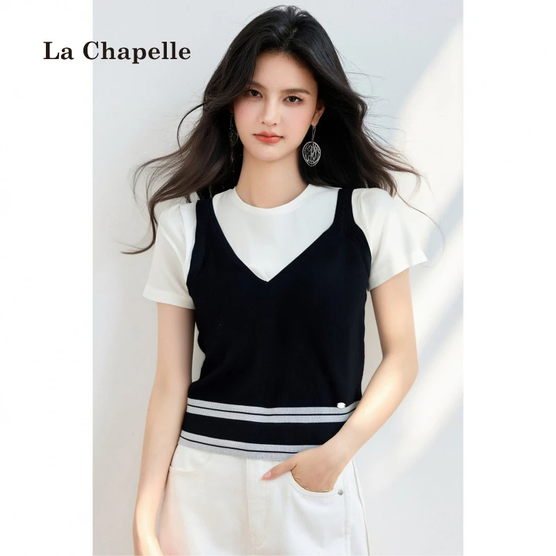 拉夏贝尔假两件短袖针织T恤女2025新款宽松显瘦百搭爆款上衣夏季