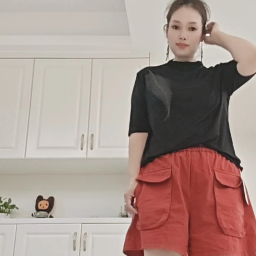 纯色森系防脏拼接五分袖立领T恤休闲气质显瘦简约百搭