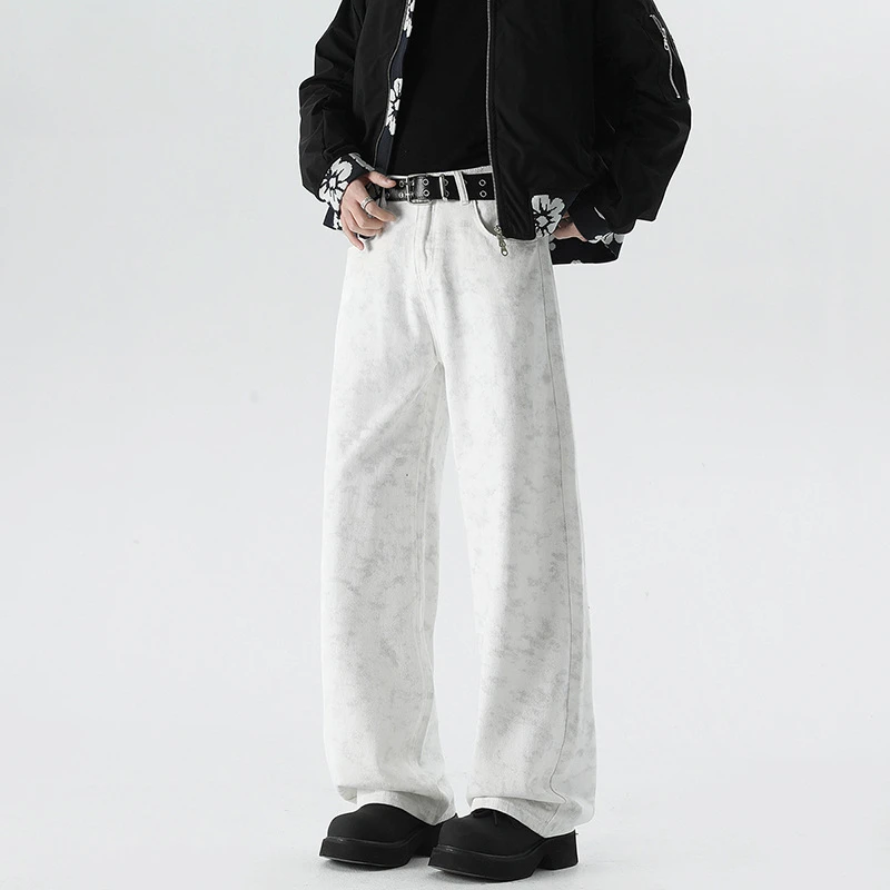 美式高街cleanfit脏洗白色牛仔裤男生款宽松做旧直筒休闲长裤子潮