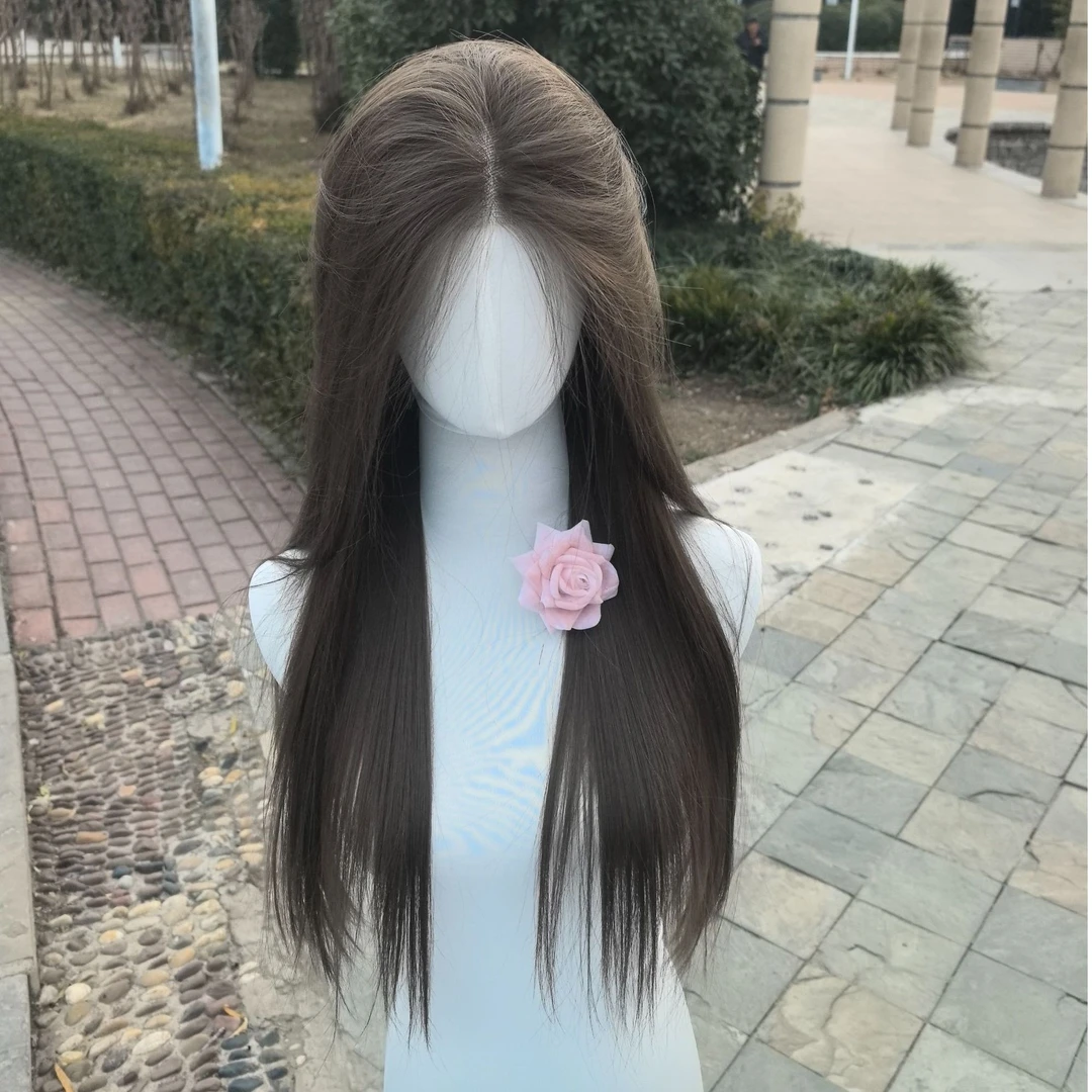 精修版大蕾丝整顶长直舒适轻薄透气假发女榛果灰棕色