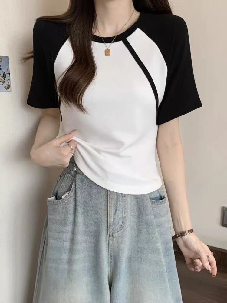 【天】夏季新款潮流拼接色小板显瘦女装T恤