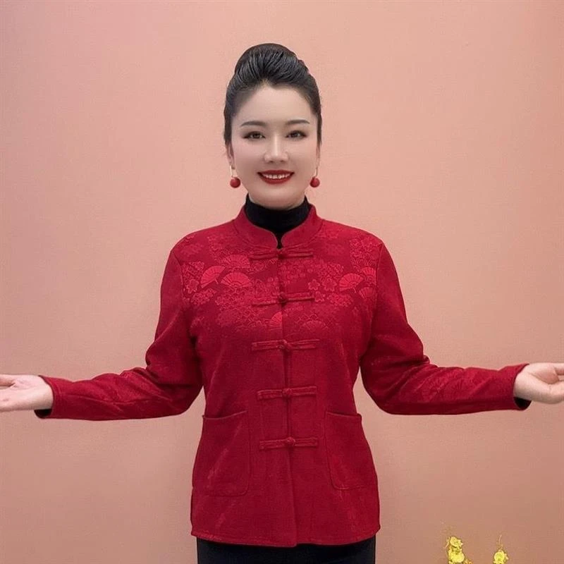 新款外套中式国风唐装盘扣妈妈中老年中国加绒上衣时尚复古开衫