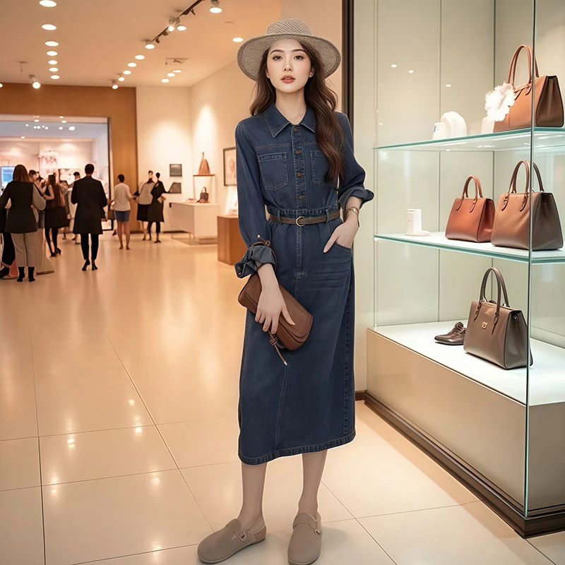 2025秋装新款收腰翻领显瘦中长款时尚牛仔气质连衣裙子长袖送腰带