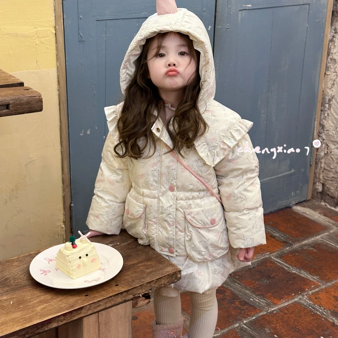 【正版橙小七】杏色奶油独角兽连帽羽绒服女童