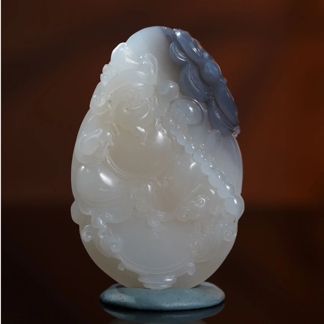 和田玉青海烟紫藕粉财神手把件 102.91g L251108029