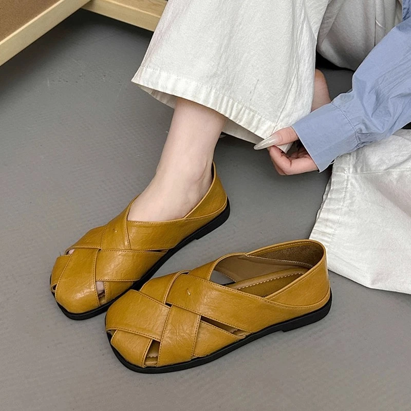 时尚镂空编织凉鞋女2025夏季新款透气罗马平底配裙子两穿凉拖鞋