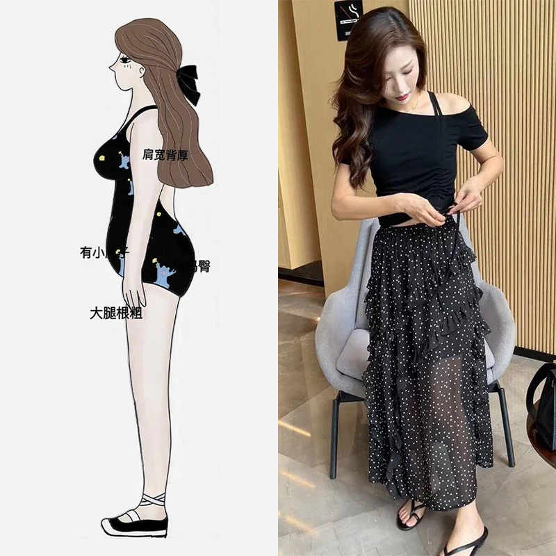 夏装巨好看套装女设计感时尚性感露肩短袖T恤波点半身裙两件套潮