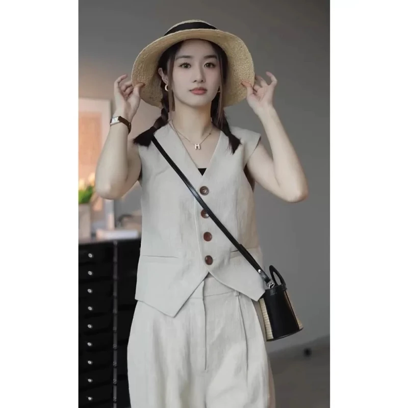 高级感棉麻气质套装女休闲夏时尚复古慵懒松弛无袖马甲长裤两件套