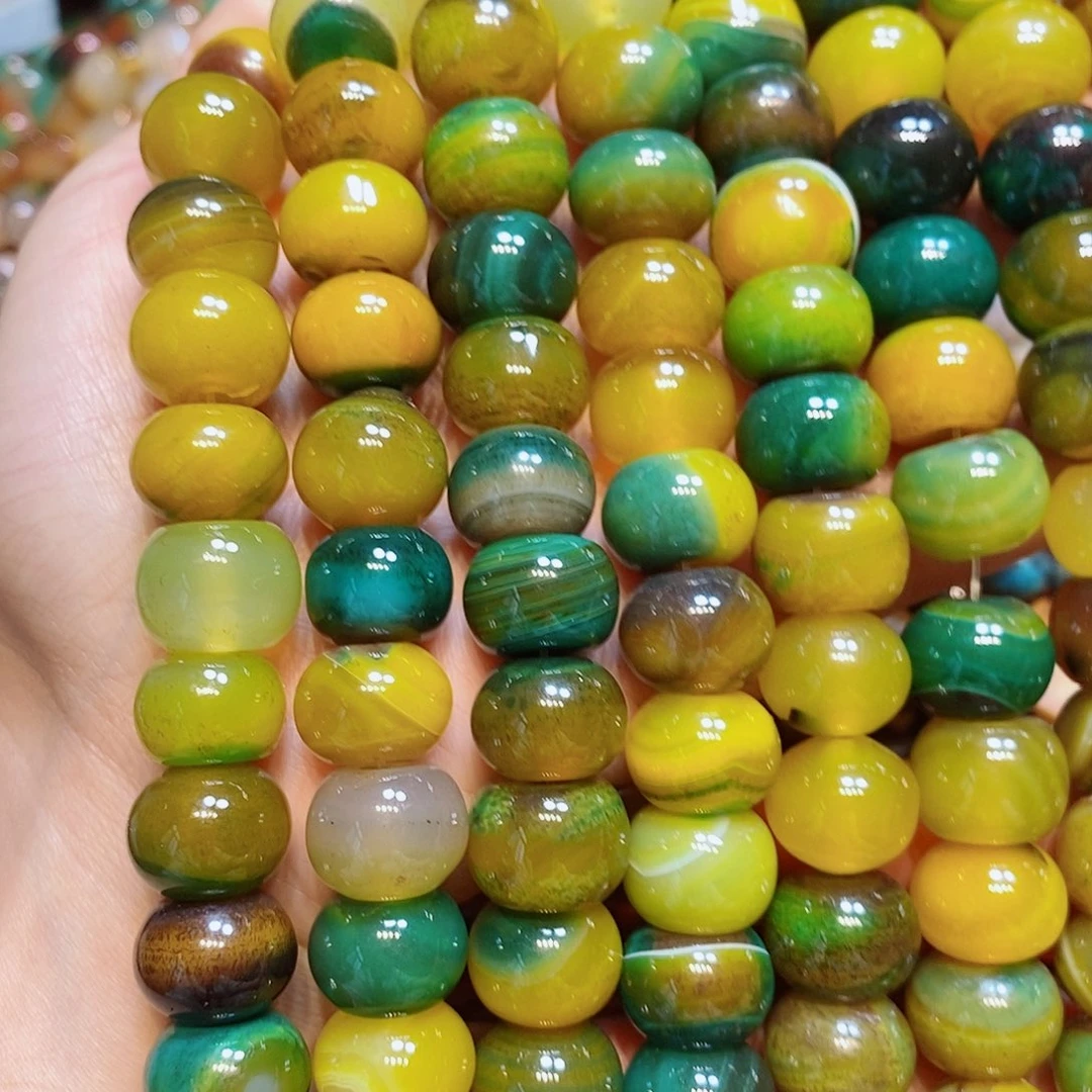 玛瑙/玉髓散珠16mm黄绿玛瑙大孔算盘一条
