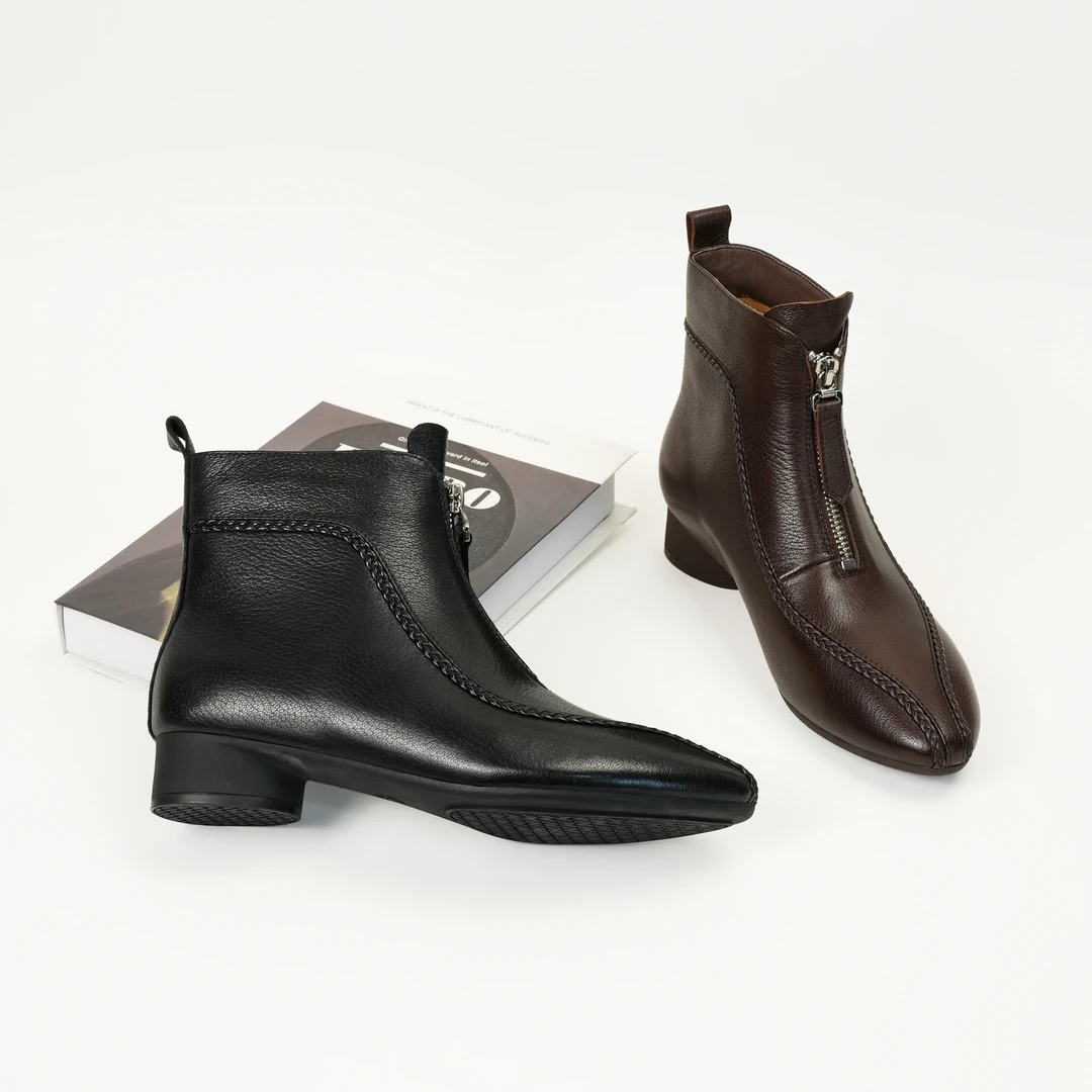 3CM低跟秋冬时装靴短靴舒适时尚休闲黑色真皮简约加绒冬季英伦