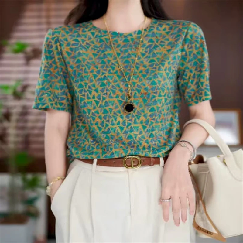 弹力女夏季2025新款时尚显瘦印花短袖小衫T洋气减龄圆领气质上衣