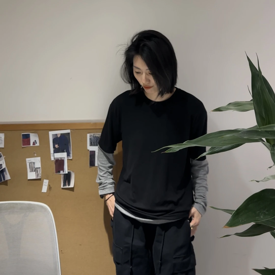 DAB天丝羊毛黑撞灰假两件长袖T恤