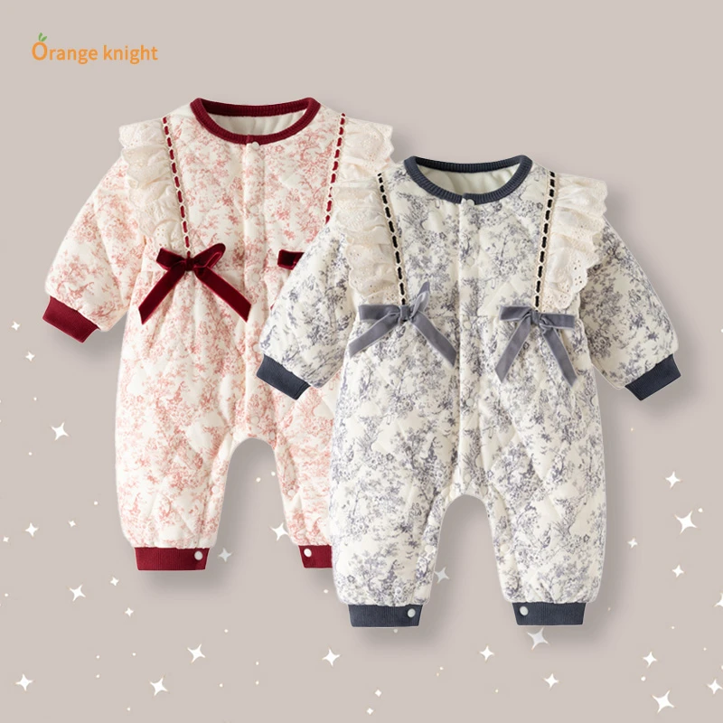 婴儿新中式连体衣女宝宝长袖加厚保暖蝴蝶结水墨画小公主哈衣爬服