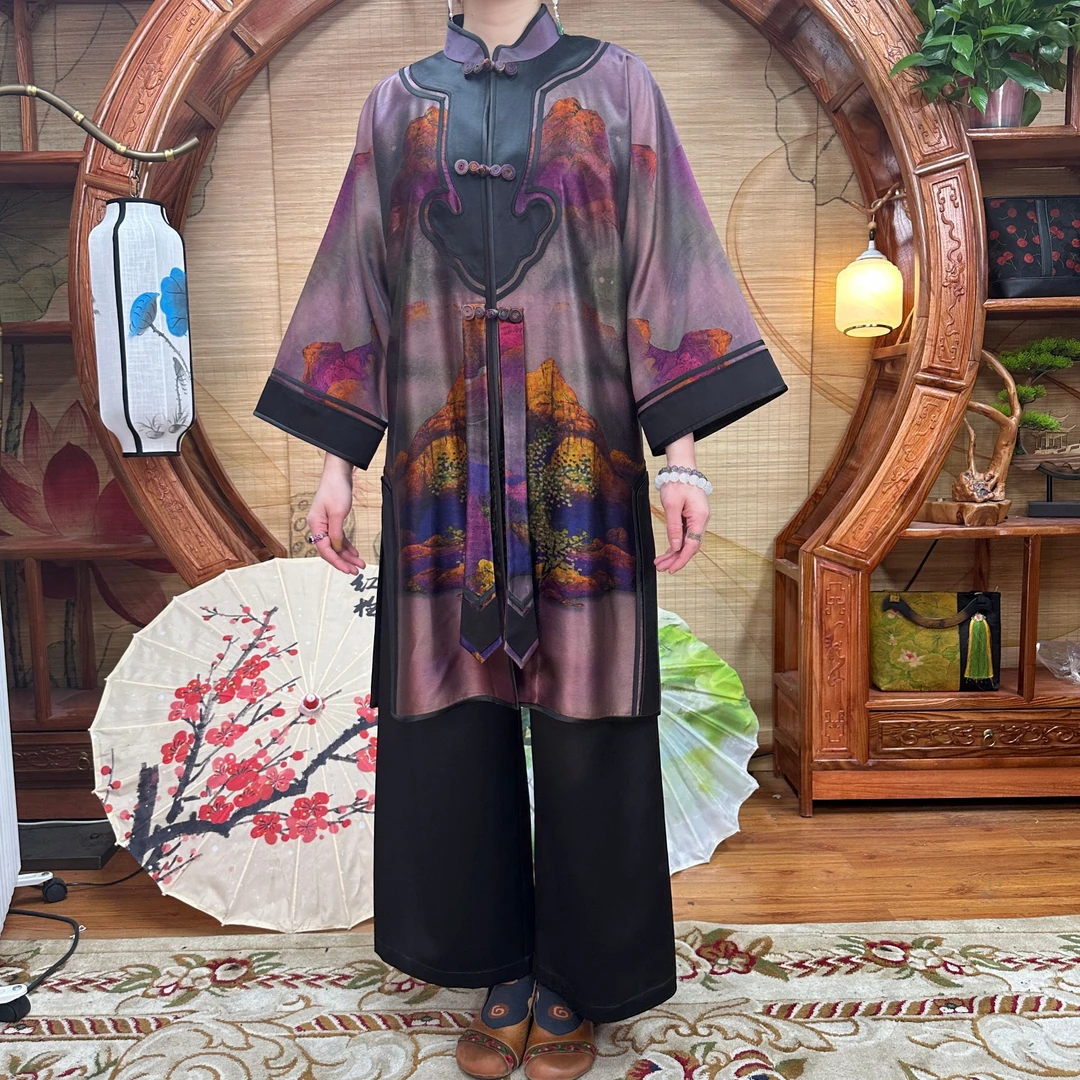 60姆米重缎千里江山100桑蚕丝香云纱风衣对开襟新中式