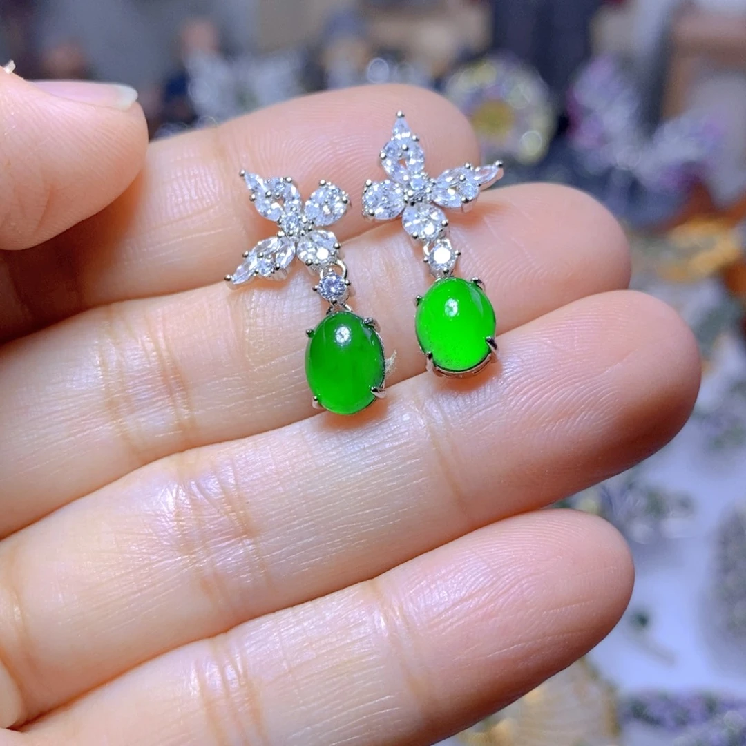 翡翠耳钉银S925镶嵌天然翡翠