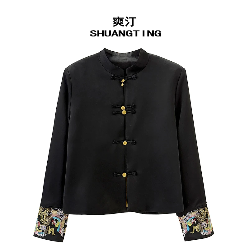 Jokara/丘可儿【望楚】中式立领绣花外套复古撞色提花气质上衣春