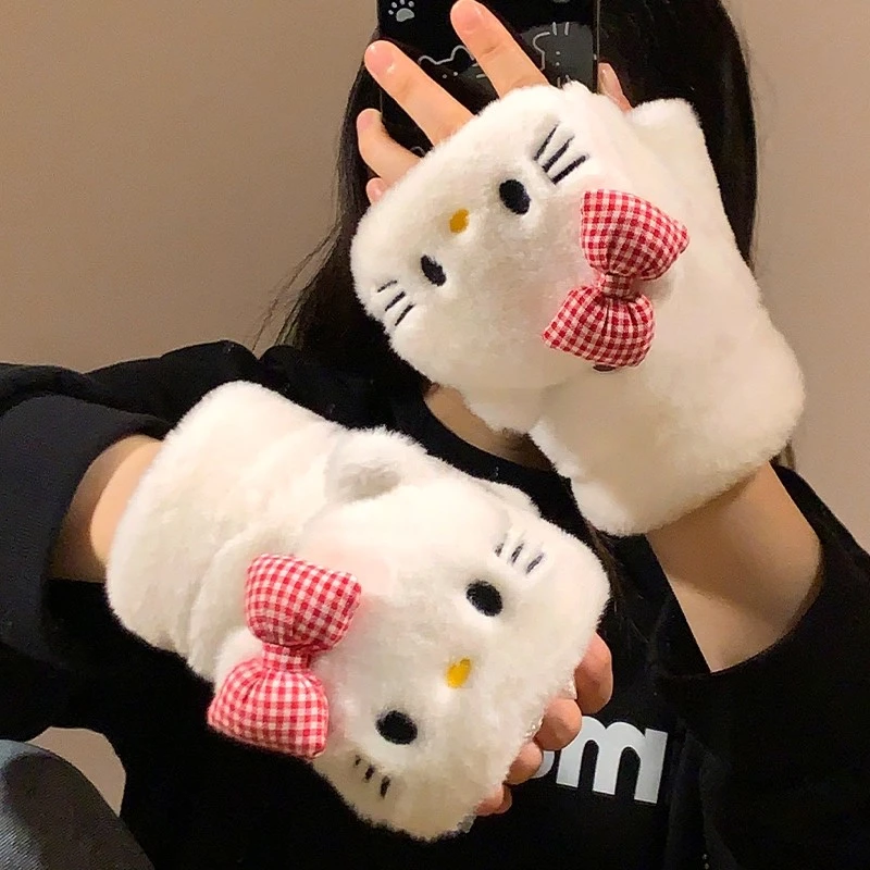 可爱蝴蝶结猫咪翻盖半指毛绒手套女冬季2025新款保暖防寒写字学生