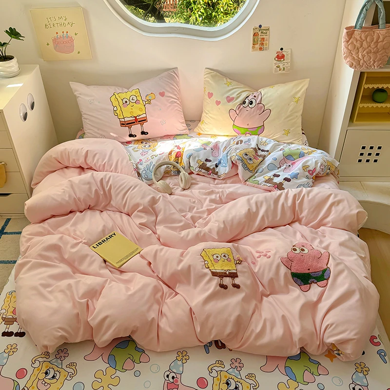 超柔两面用大版卡通毛巾绣小清新四件套三件套学生床上用品床笠款