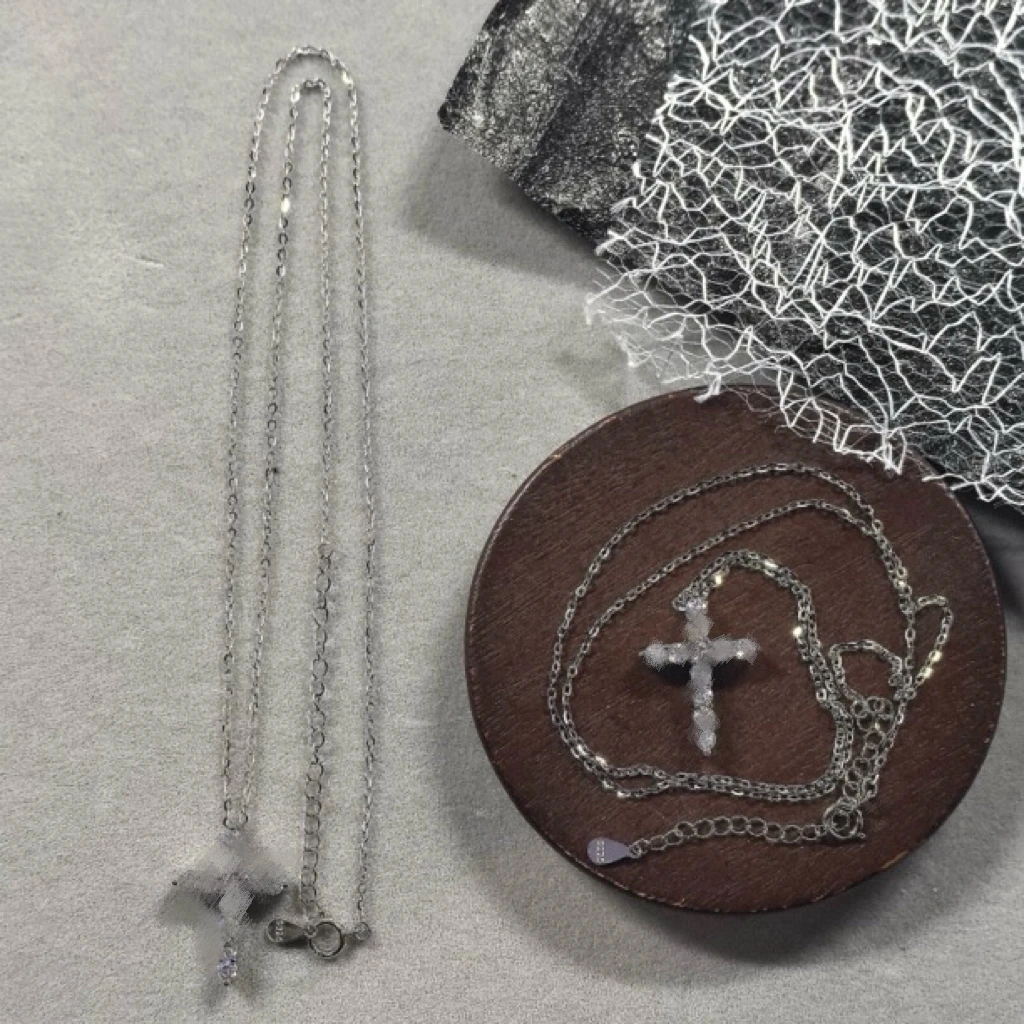 坠链均925银 ins小众设计超闪锆石可叠戴辣妹-镶钻十字架项链1081