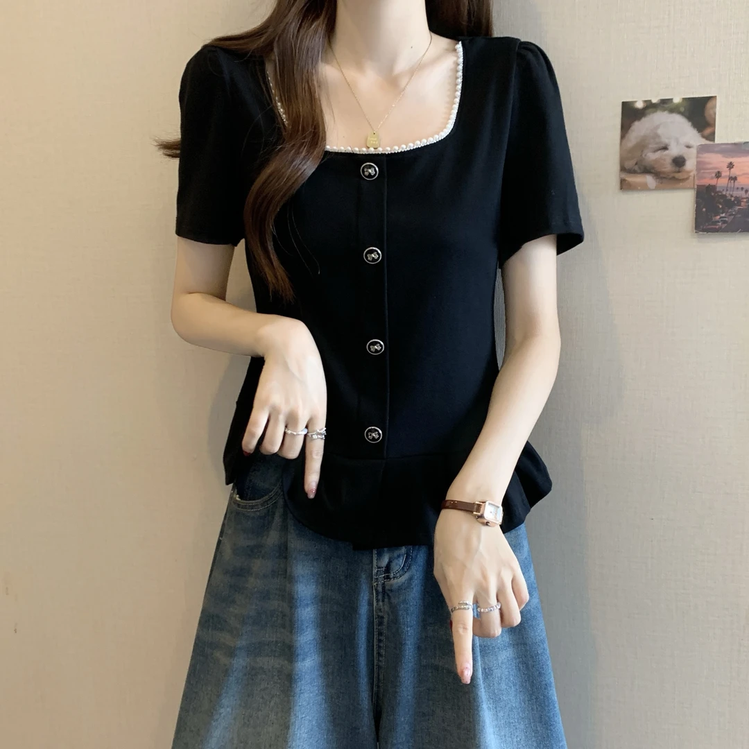 大码胖MM正肩短袖衬衫女夏季新款法式方领遮肉显瘦设计感百搭上衣