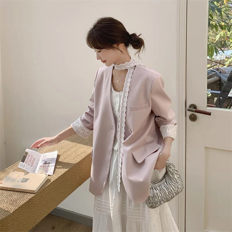 蕾丝飘带粉色收腰西装外套女春秋2025新款韩系今年流行西服超好看