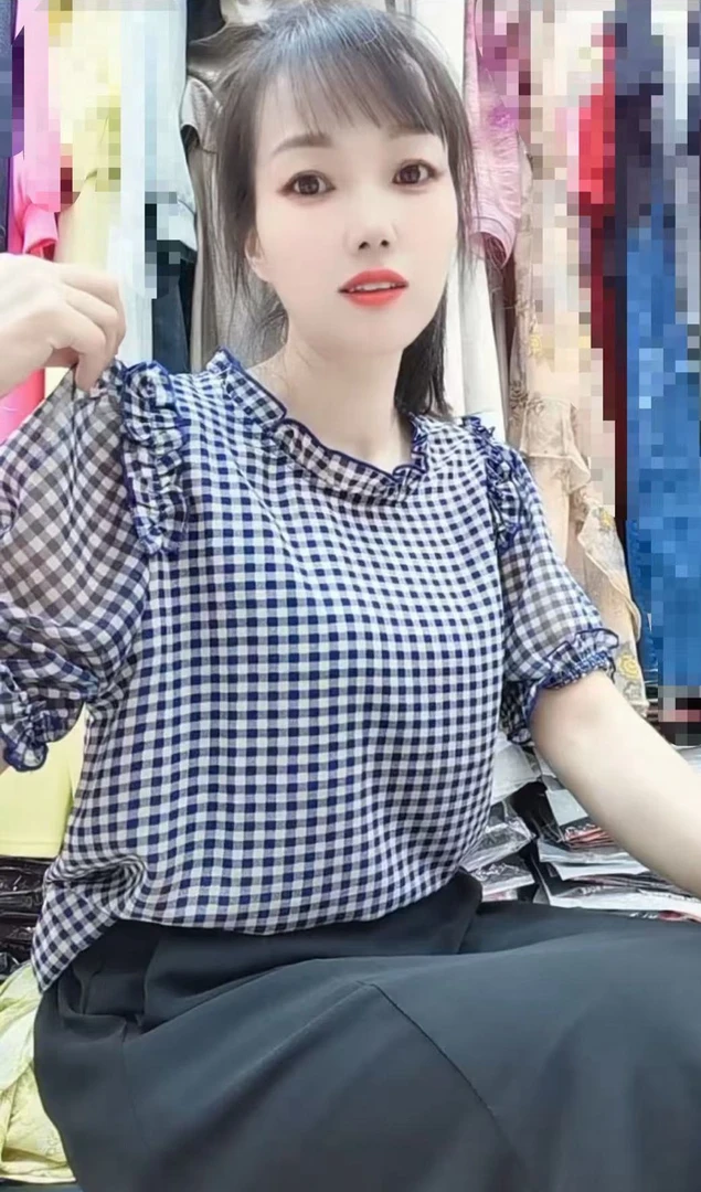 2025夏装新款休闲时尚百搭减龄气质雪纺兰格子上衣