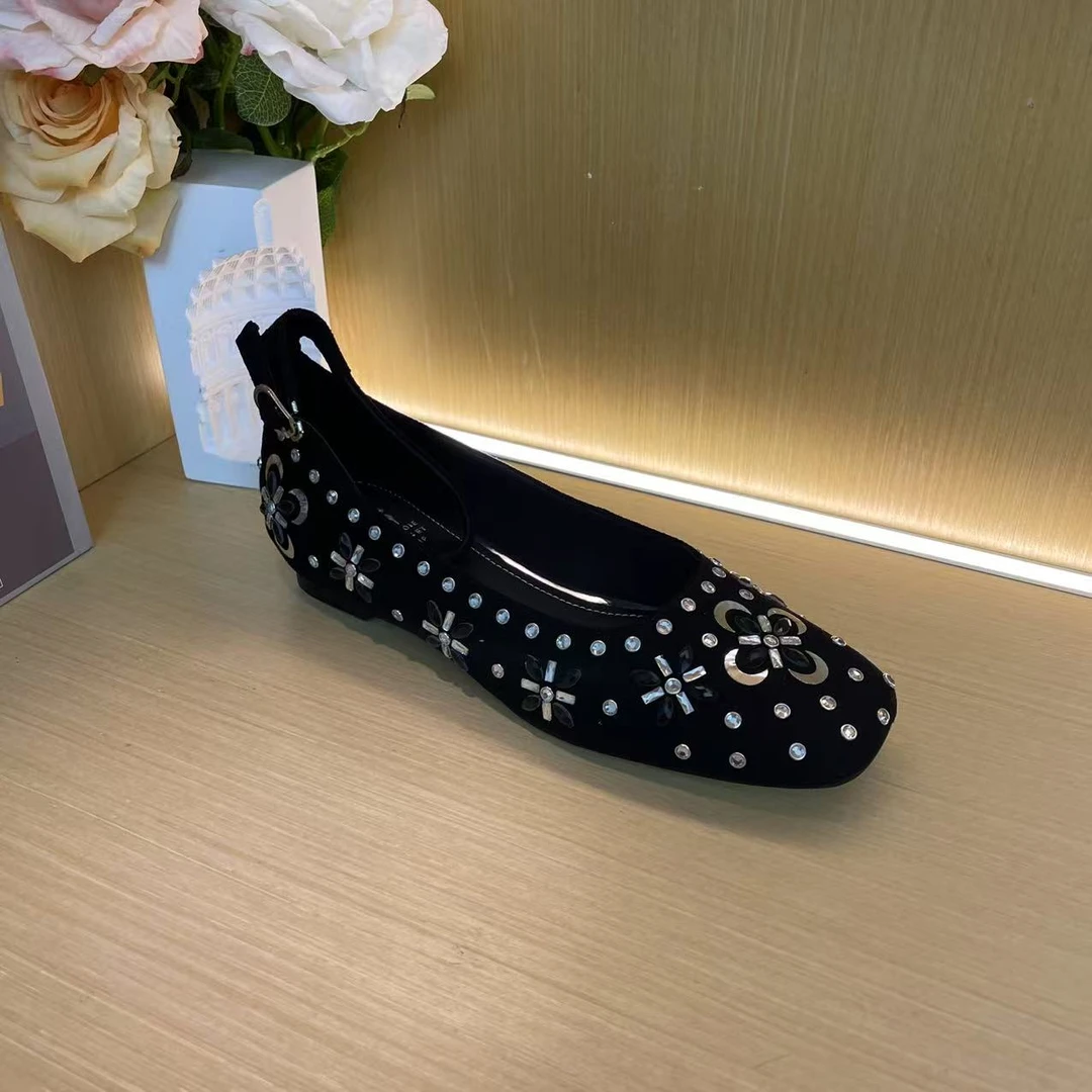 1034【檀道】黑色新款浅口低跟方头休闲羊猄纯手工单鞋C【2cm】