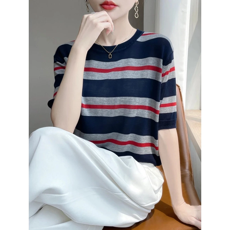 莱塞尔条纹短袖T恤女显瘦上衣薄款大码女装百搭洋气