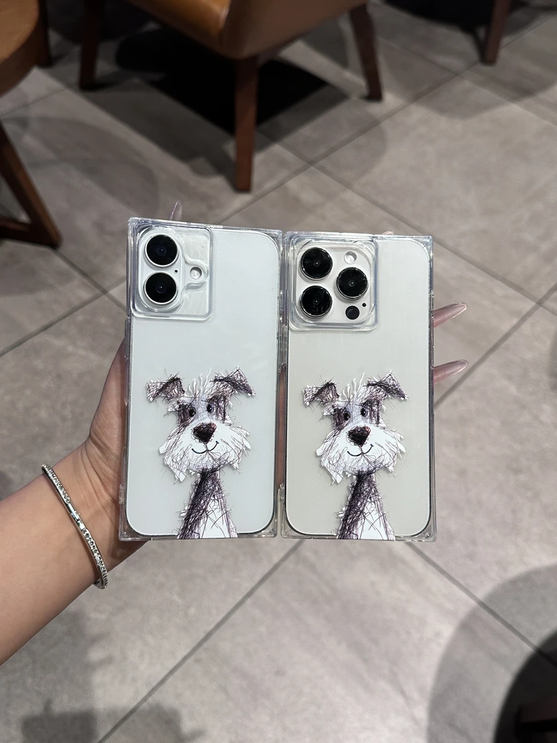 可爱线条小狗方块壳适用苹果16pro/15promax手机壳iPhone14防摔