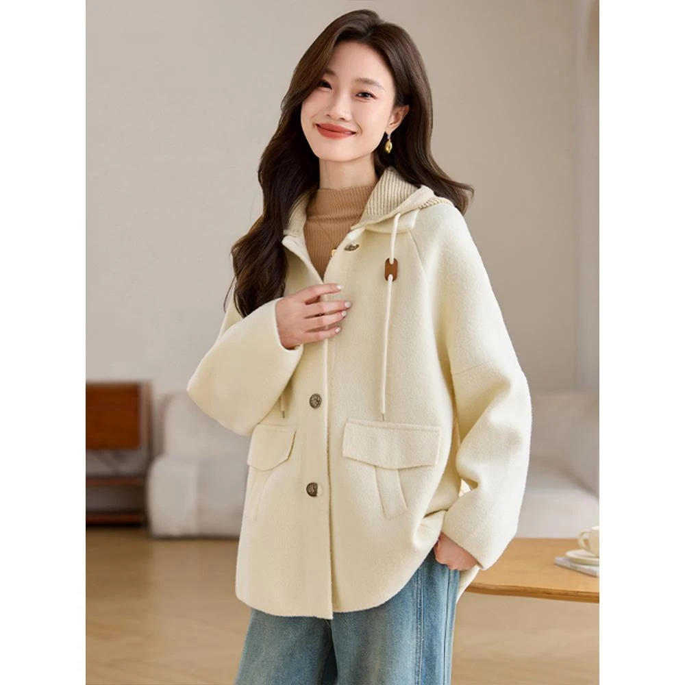 小香风连帽毛呢外套女春秋装宽松休闲流行款双面呢大衣