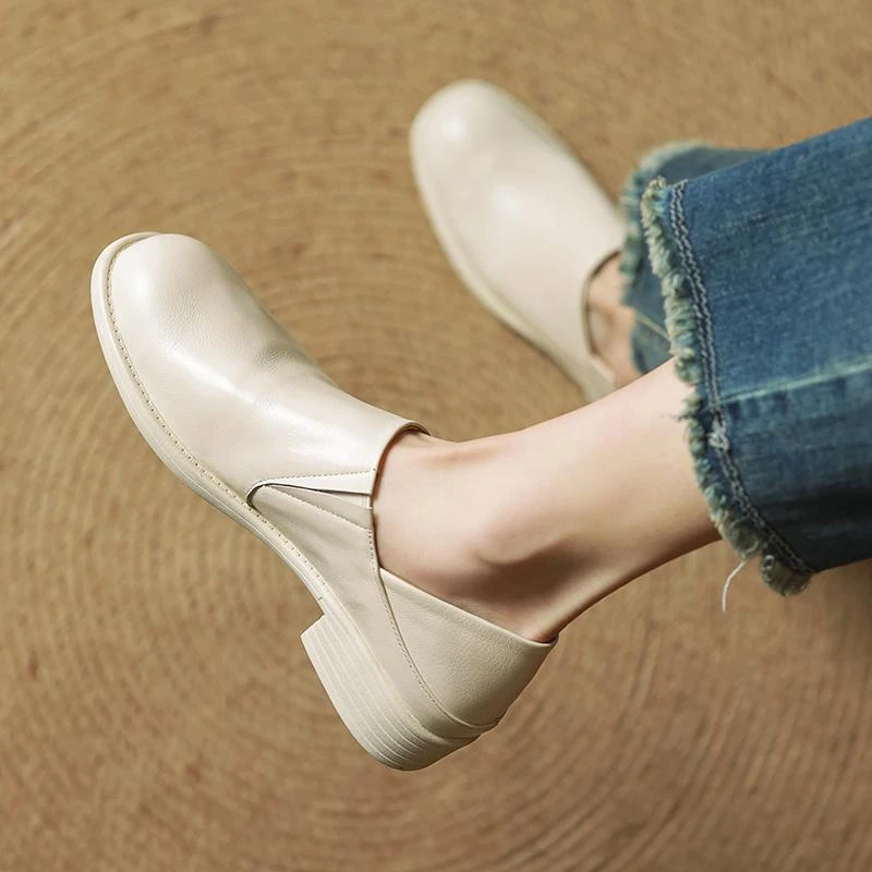 手工2025新款春季软皮牛皮方头浅口单鞋女粗跟皮鞋真皮白色乐福鞋