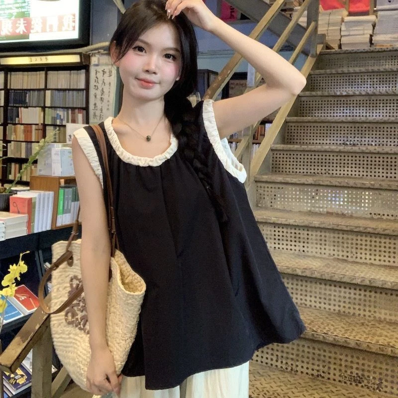 撞色宽松背心衬衫女夏季新款韩版时尚显瘦百搭设计感别致无袖上衣