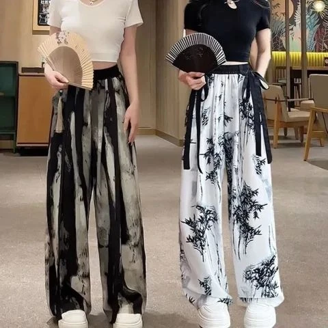 夏季冰丝垂感直筒拖地阔腿裤女薄款透气休闲飘带水墨国风雪纺哈伦