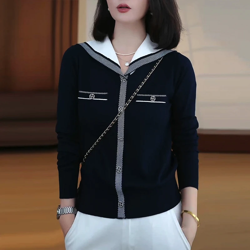 小香风海军领撞色针织开衫女2025年秋季新款时尚休闲显瘦百搭上衣